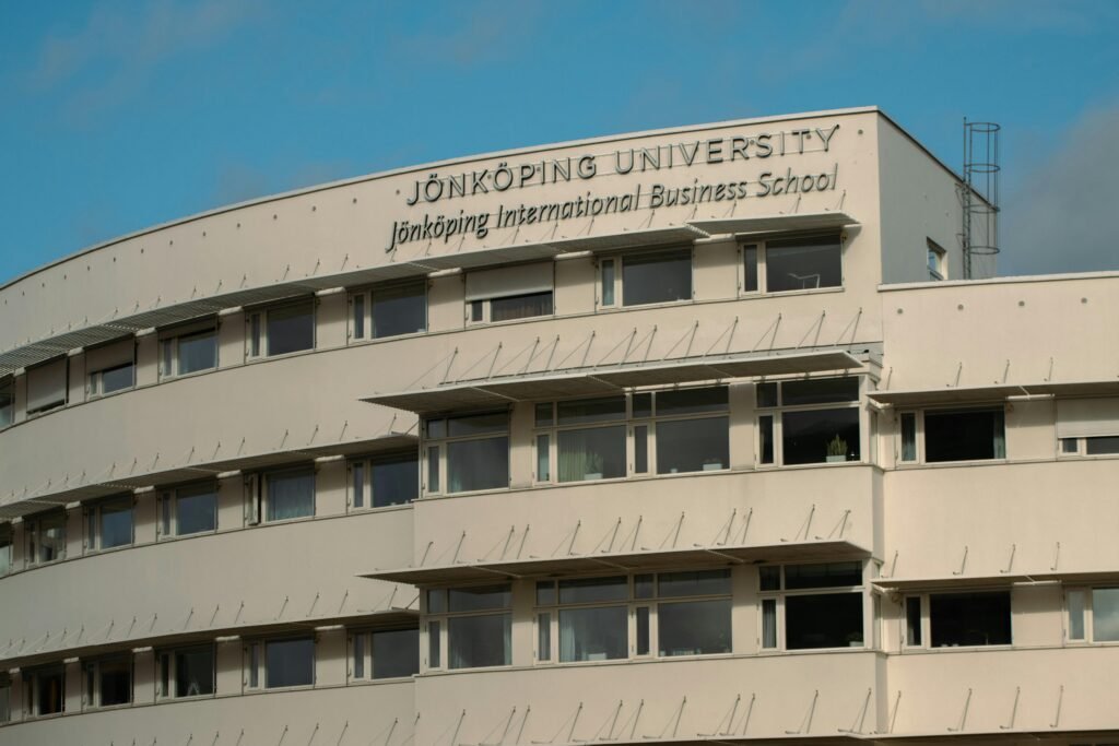 Front view of Jönköping International Business School in sunny weather.